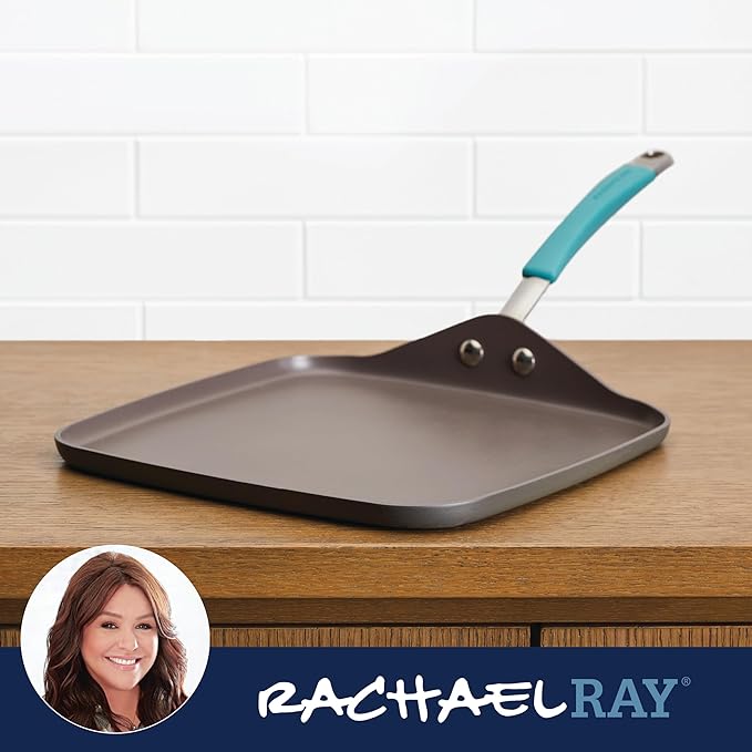 Rachael Ray Cucina Hard Anodized Nonstick Griddle Pan/Flat Grill, 11 Inch, Gray with Agave Blue Handle