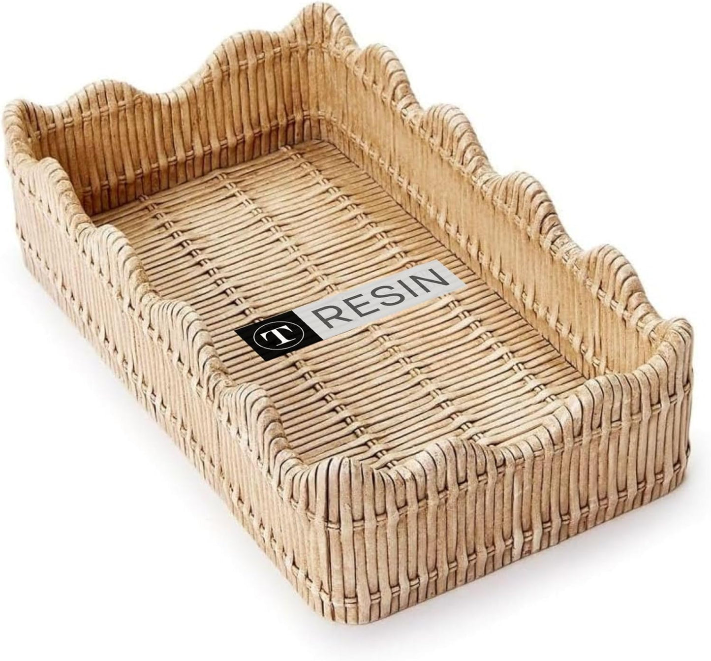 Two's Company Scalloped Edge Basket Weave Pattern Holder - Decorative Napkin Holder for Kitchen & Bathroom, Resin Guest Towel & Utensil Holder, Rustic Farmhouse Decor & Organizer