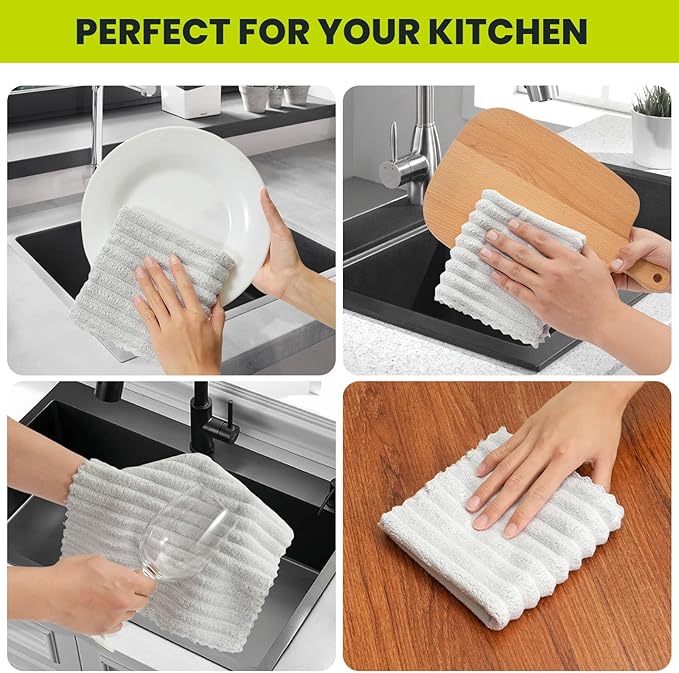 Kitchen Dish Cloths,Super Absorbent Coral Velvet Dish Towels,Quick Drying Kitchen Towels No Lint Dish Rags,Reusable Household Microfiber Cleaning Cloth,12X12 inches(12 Pack,Light Grey Streak)