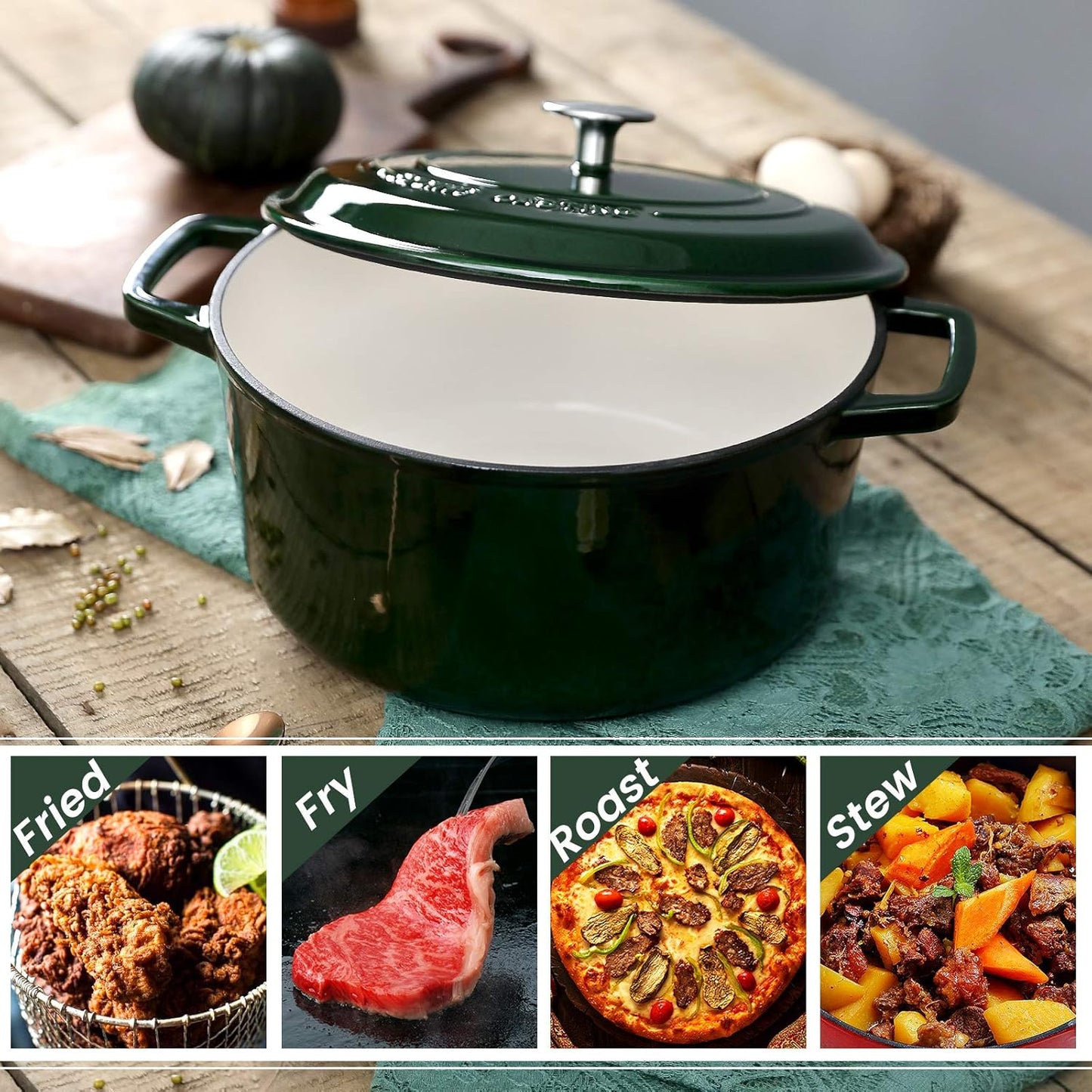 Enameled Cast Iron Dutch Oven Pot With Lid, Dutch Oven for Sourdough Bread Baking Round Pot Dule Handle, 6 Quart, Green
