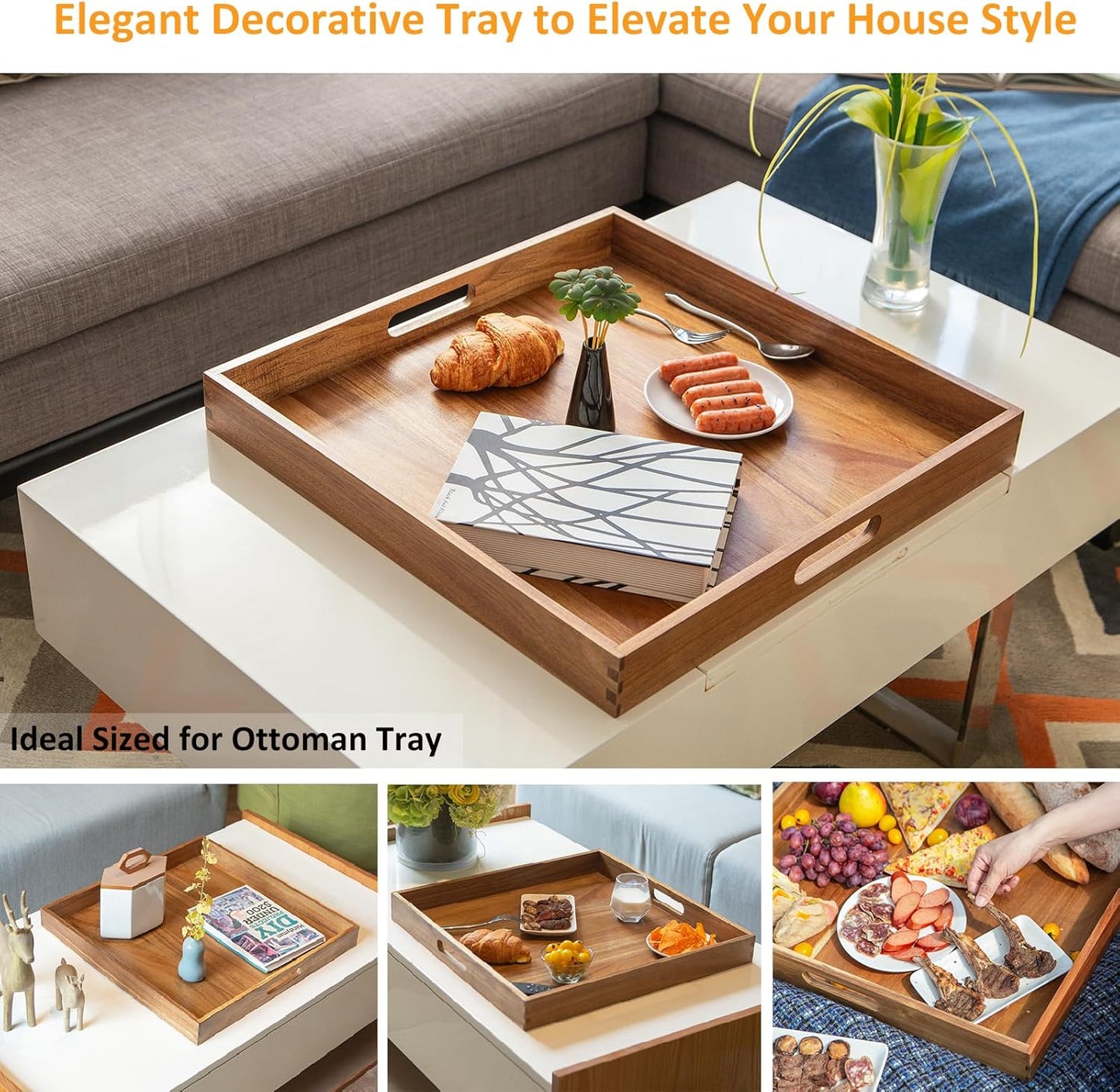 Wooden Serving Tray with Handles 22 Inch Extra Large Square Ottoman Tray Acacia Large Wood Trays Ottoman Living Room Wooden Trays