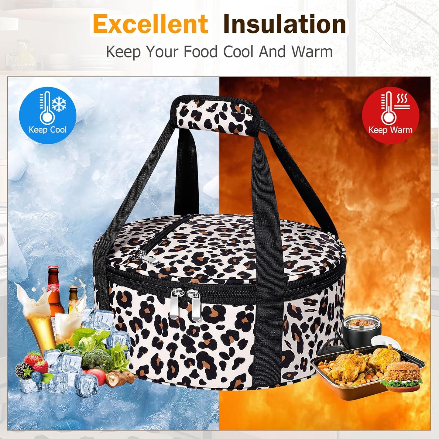 Round Insulated Casserole Carrier, Pie Carrier Bag, Portable Casserole Carrier for Hot or Cold Food Lunch Tote Warmer or Cooler Bag, Lunch Bag for Parties Picnic, Fits 12.5" Baking Dish, Leopard