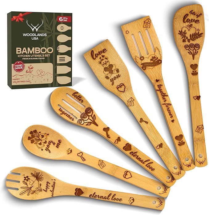 Wooden Spoons for Cooking - 6-Piece Wooden Utensil Set with Spatulas & Spoons, Heat-Resistant, Eco-Friendly Kitchen Utensils for Non-Stick Cookware (Love)