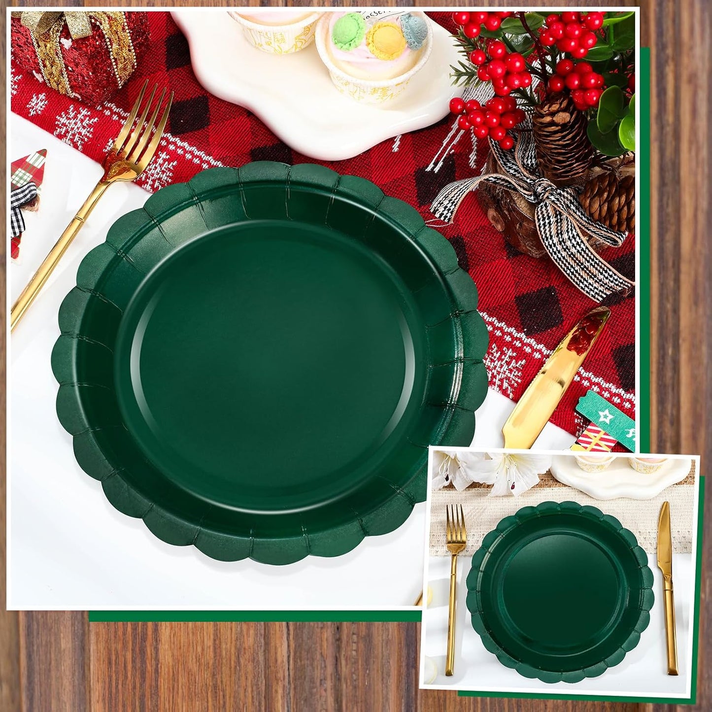30 Pcs Dark Green Plates 9 Inch Scalloped Christmas Plates Disposable Green Dessert Dinner Plate Holiday Party Plate for Thanksgiving, Christmas, Birthday