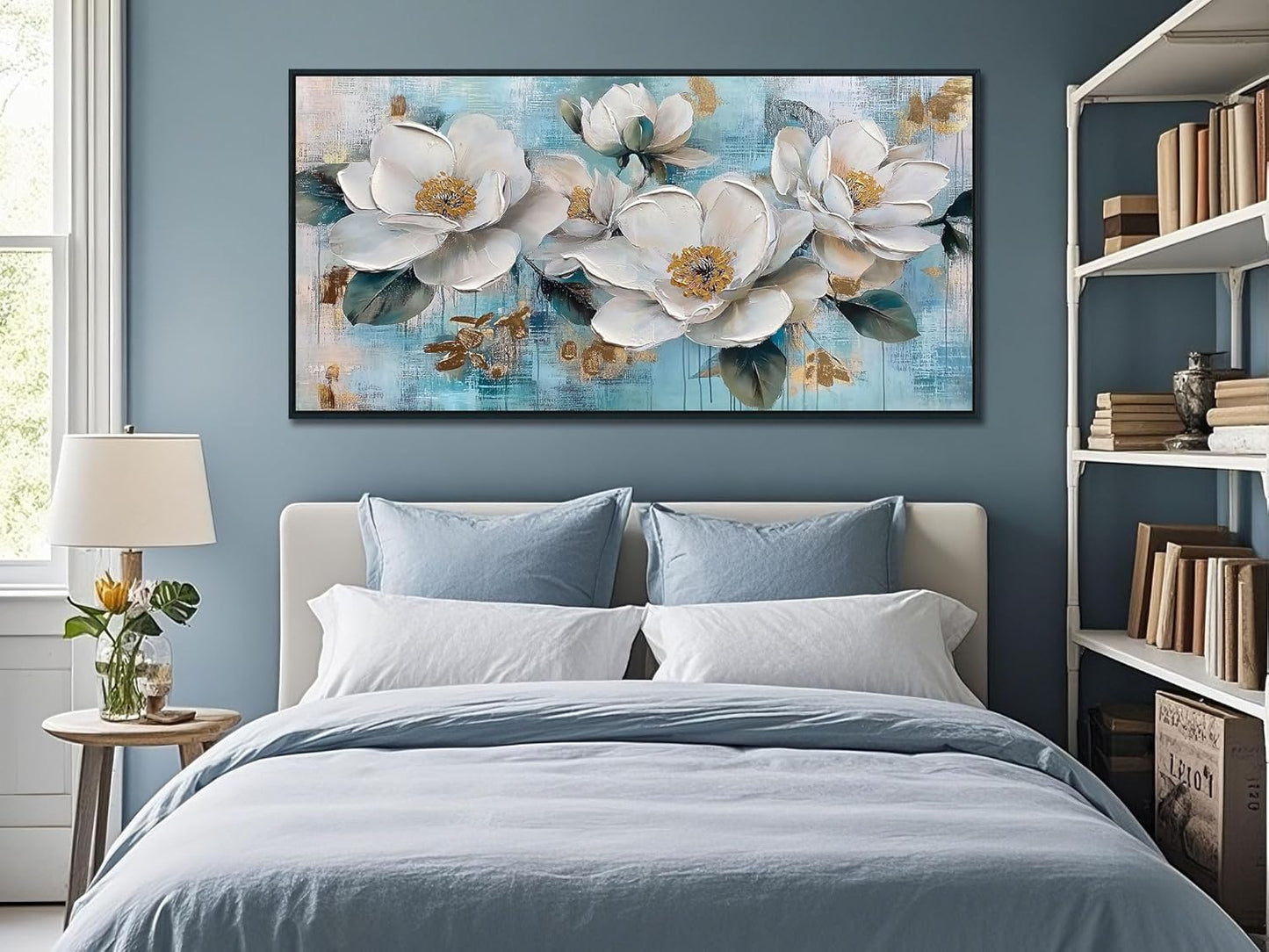 Ardemy White Floral Wall Art, Framed Canvas Wall Art For Living Room Large Teal Pictures Wall Decor Flower Paintings Artwork for Walls Dining Room Bedroom Home Office 40"x20"