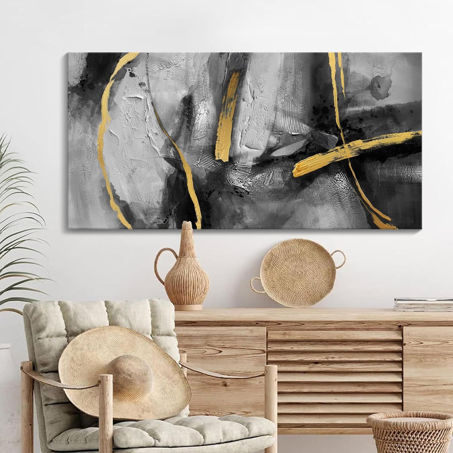 Large Black Gray Canvas Wall Art, Hand-Painted Abstract Living Room Wall Decor Dream Golden Shadow Paintings Artwork Prefer Home Bedroom Office Kitchen Dining Room Decor 29x58 In