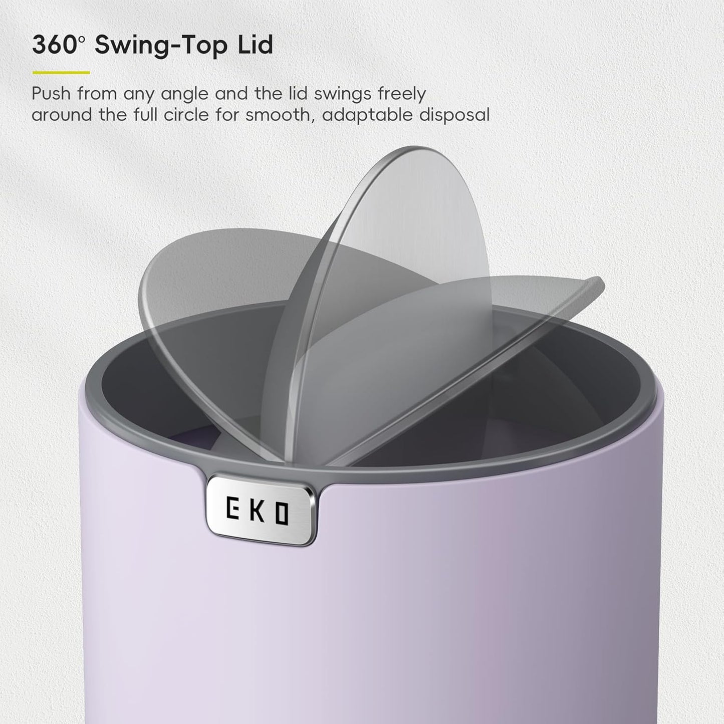 EKO Mini Desk Trash Can with Swing-Top Lid 0.4 Gallon Small Table Round Wastebasket for Office, Home, Car (Lavender)