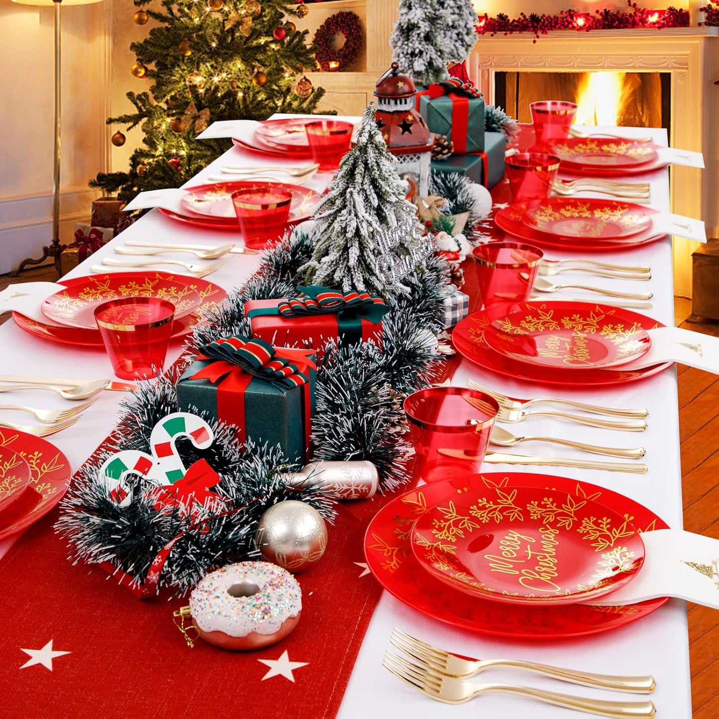 Morejoy 175PCS Christmas Disposable Plates, Red and Gold Plastic Plates Set, Red Gold Dinnerware Set Includes: 50PCS Plates, 25Cutlery Sets, 25PCS Cups, 25PCS Napkins,for Christmas party, wedding