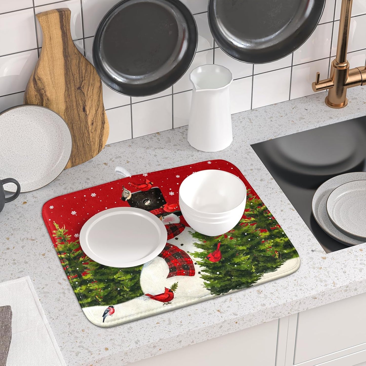 Christmas Tree Snowman Dish Drying Mats for Kitchen Counter 16×18 Inch Bird Snowflake Small Microfiber Drying Mat Kitchen Accessories Dish Rack Mat Drainer Pad Washable Absorbent