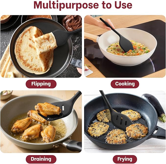 Silicone Spatula Set (BPA-Free), Ultra Heat Resistant Spatulas for Non-Stick Pans, 2 Pack Solid & Slotted Silicone Turner, One-Piece Cooking Spatula Turners for Kitchen Use, Black