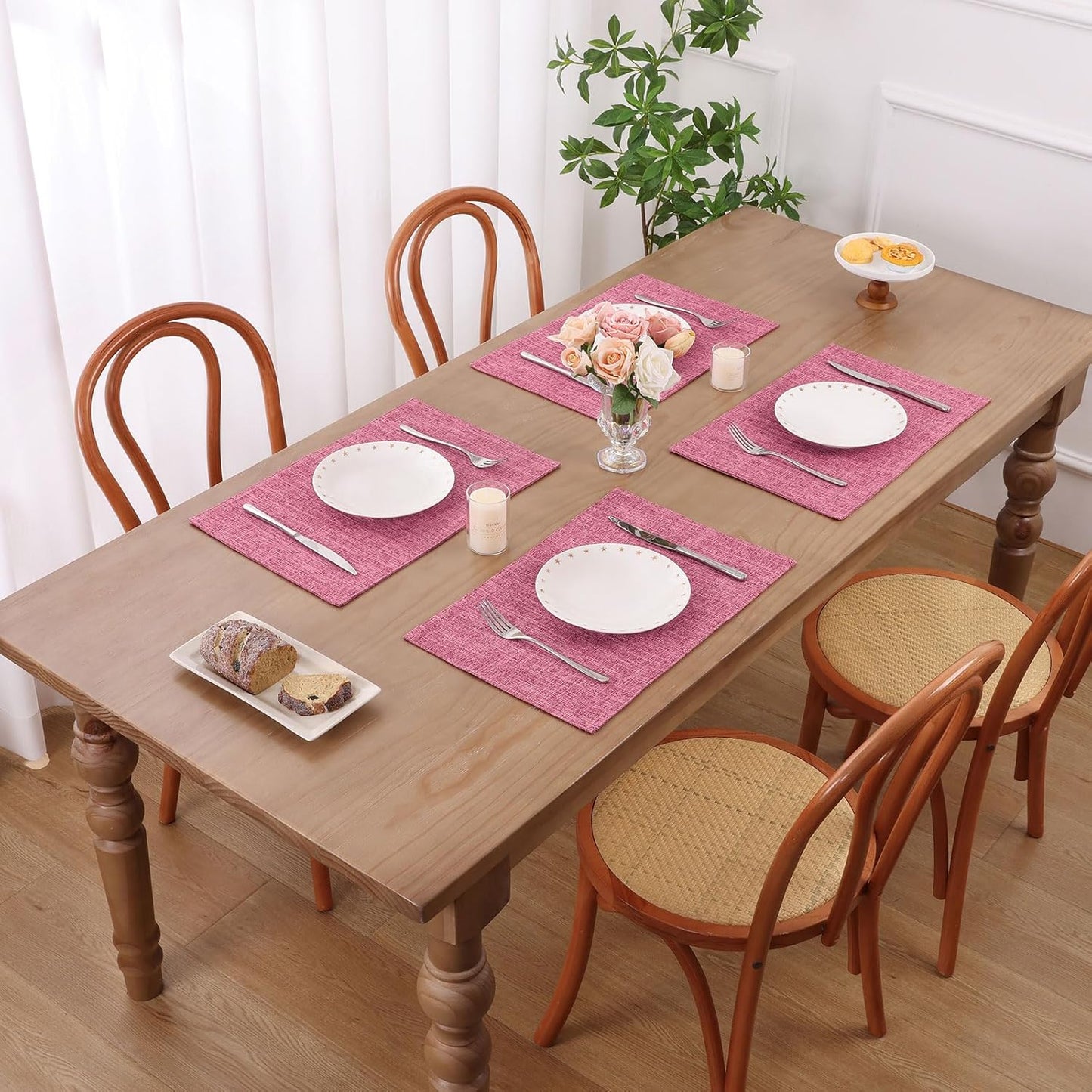 SHACOS Woven Fabric Placemats Set of 4 Heat Resistant Place Mats Non Slip Washable Double Layer Cloth Placemats Reversible Table Mats Kitchen Dining Table Decor (4, Hot Pink)