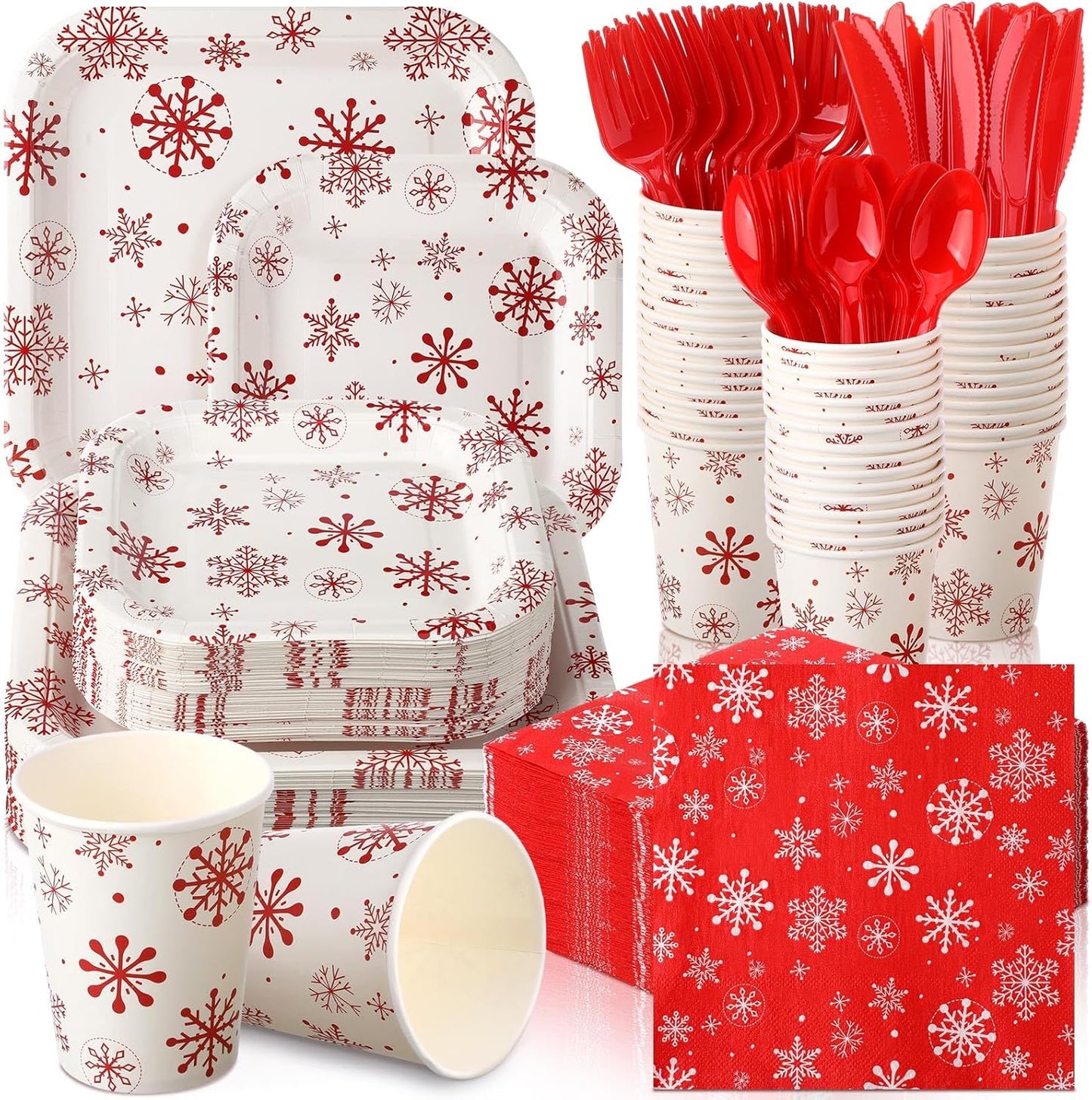 350 Pcs Paper Plates and Napkins Set Disposable Dinnerware Party Supplies Tableware Serve 50 Guest Cups Knife Forks Spoon(Red,White,Snowflake)