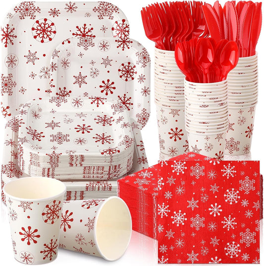 350 Pcs Paper Plates and Napkins Set Disposable Dinnerware Party Supplies Tableware Serve 50 Guest Cups Knife Forks Spoon(Red,White,Snowflake)