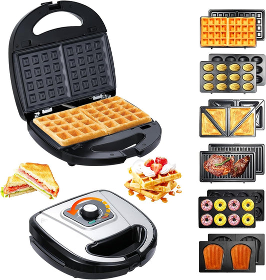 6-in-1 Waffle Maker with Removable Plates, Breakfast Sandwich Press Precise 210°F-450°F/100°C-230°C Control, Easy Clean, Meet Various Needs (6-in-1 Waffle Maker)