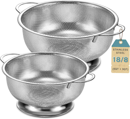 Pleafind 18/8 Stainless Steel Colander for Kitchen - 5 qt and 3 qt, Micro-Perforated Metal Colander Strainer with Handle, Solid Base Pasta Strainer, Rust-Resistant & Dishwasher Safe