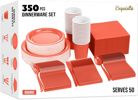 Exquisite 350 Pcs Orange Paper Plates For Party, Orange Disposable Plates Set, 50 Of Each 9" Dinner Plate Set, 7" Dessert Plate, Cups, Napkins & Cutlery Paper Dinnerware