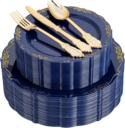 DaYammi 150Pcs Blue Plastic Plates Heavy Duty Navy Blue Disposable Plates with Gold Plastic Silverware include 30 Dinner Plate, 30 Dessert Plate, 90 Gold Silverware Set for Party Wedding