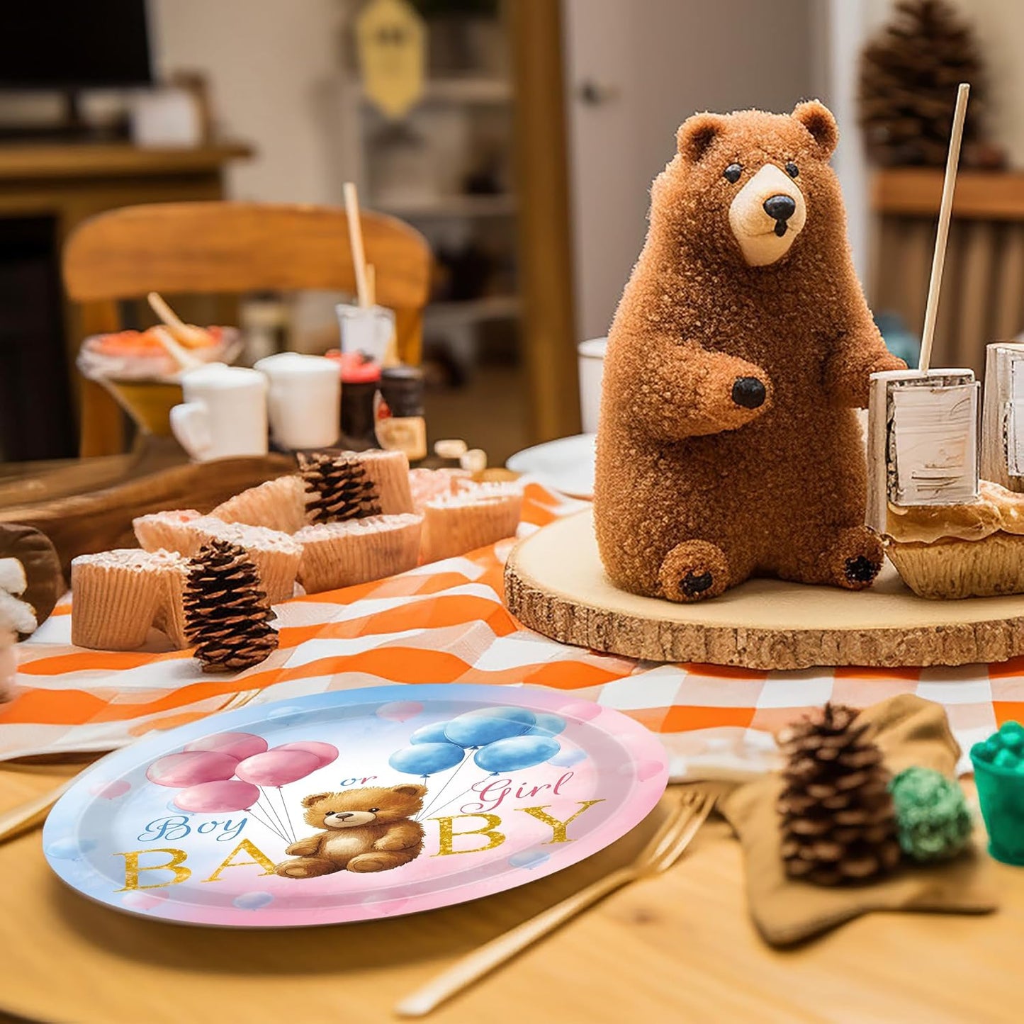 140 Pcs Bear Gender Reveal Decorations Plates Cups and Napkins Sets Boy Or Girl Gender Reveal Decorations Serves 20