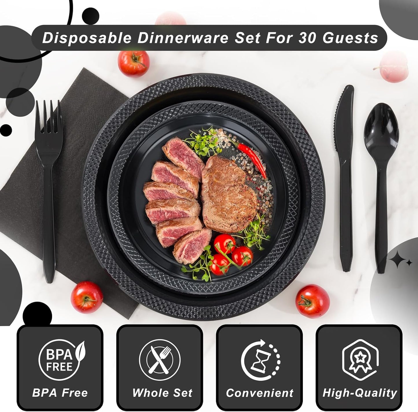 WELLIFE 210Pcs Black Plastic Plates, Disposable Dinnerware Set, Party Supplies Including Black plates, 12oz Cups, plastic Cutlery and Napkins Serve 30 Guests, Plastic Plates for Party and Halloween