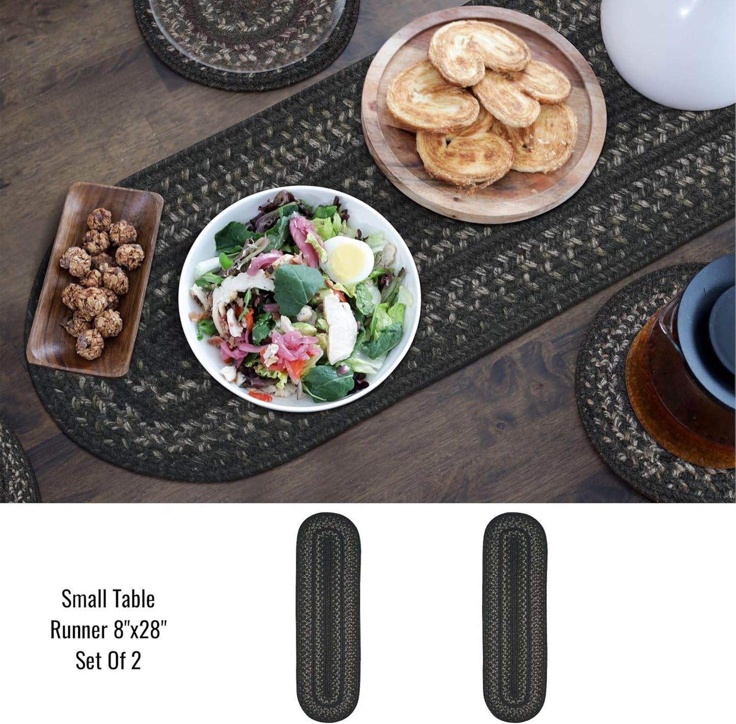 Homespice Jet Black Jute Braided Table Runner, Warm Primitive Decor, Set of 2, Oval 8x28 - Rich Colors, Easy to Clean, Durable and Protects Furniture