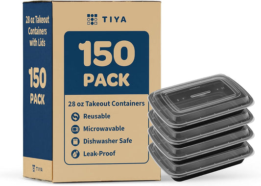TIYA Food Containers - 28 oz Bulk 150 Pack with Lids - Rectangular Plastic To-Go Containers - Reusable, Microwavable, Dishwasher Safe - Leak-Proof for Meal Prep - BPA-Free