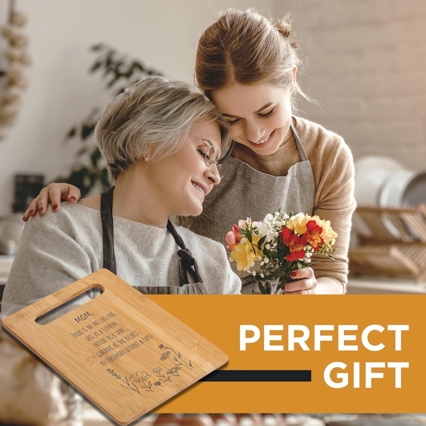 Mom Gift from Daughter or Son - Thoughtful Birthday, Christmas, or Mother's Day Present - Cute Mom Kitchen Cutting Board, Bamboo Decor for Mom, Bonus Mom, or Stepmom - 12" x 8"