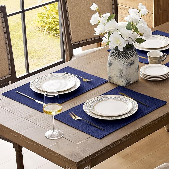Romanstile Cloth Placemats Set of 4-12 x 18 Inch, Heat Resistant Double Layered Thickened Burlap Place Mats, Washable Faux Linen Farmhouse Table Mats for Kitchen/Dining/Party/Outdoor, Navy Blue
