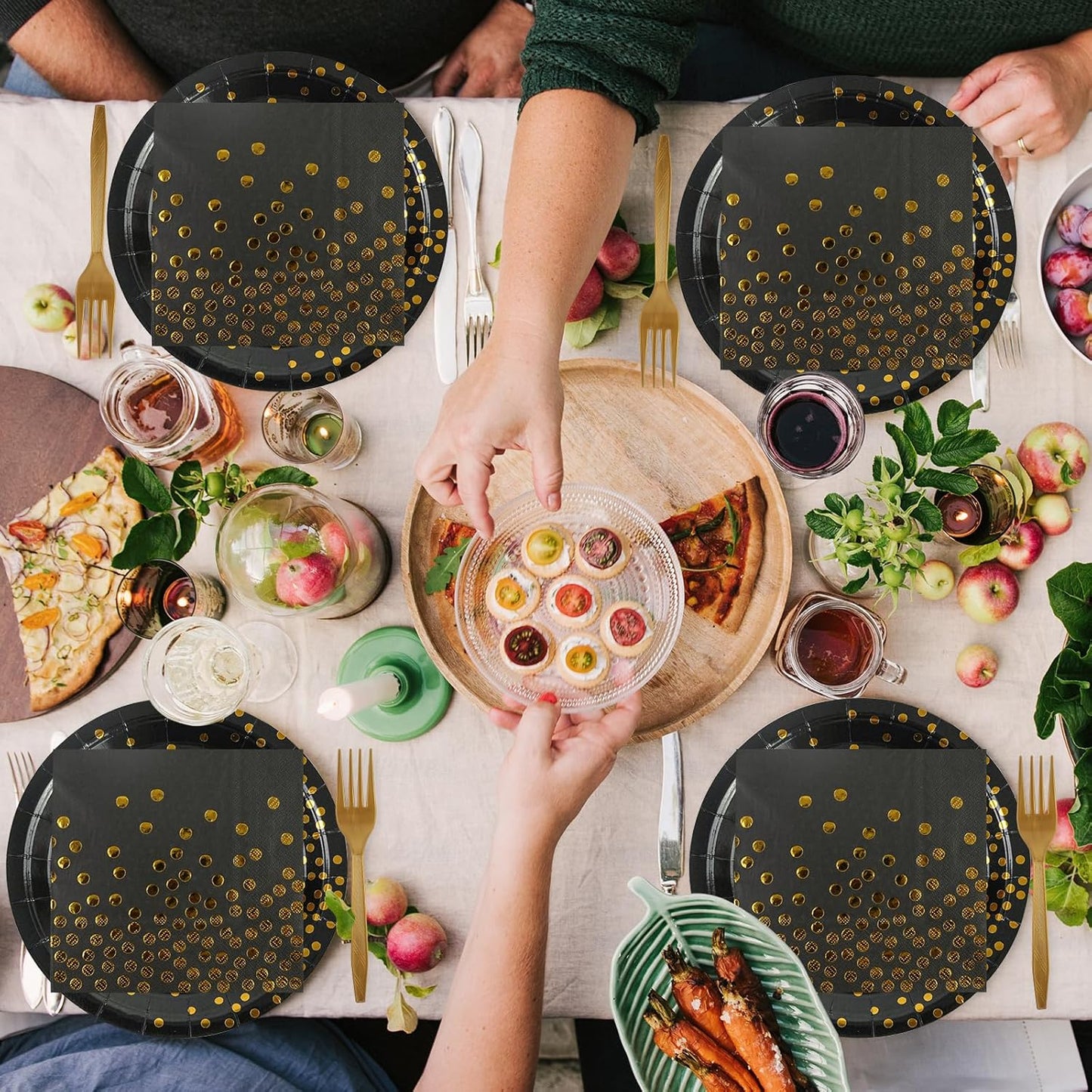 90PCS Black and Gold Paper Plates and Napkins Set, Disposable Gold Dot Party Plates with Napkins Forks Dessert Dinnerware Party Supplies for Wedding, Graduation, Festivals