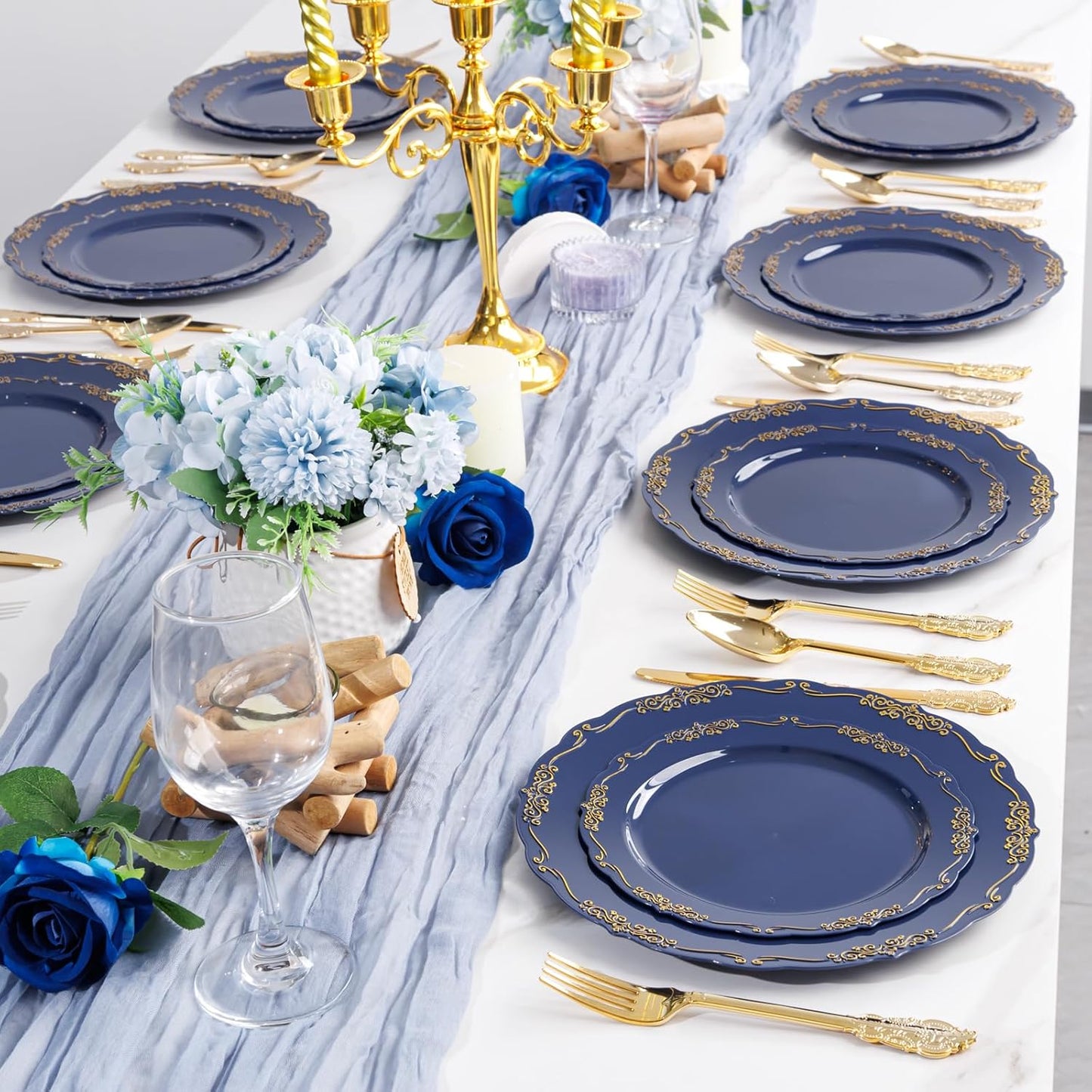 DaYammi 150Pcs Blue Plastic Plates Heavy Duty Navy Blue Disposable Plates with Gold Plastic Silverware include 30 Dinner Plate, 30 Dessert Plate, 90 Gold Silverware Set for Party Wedding