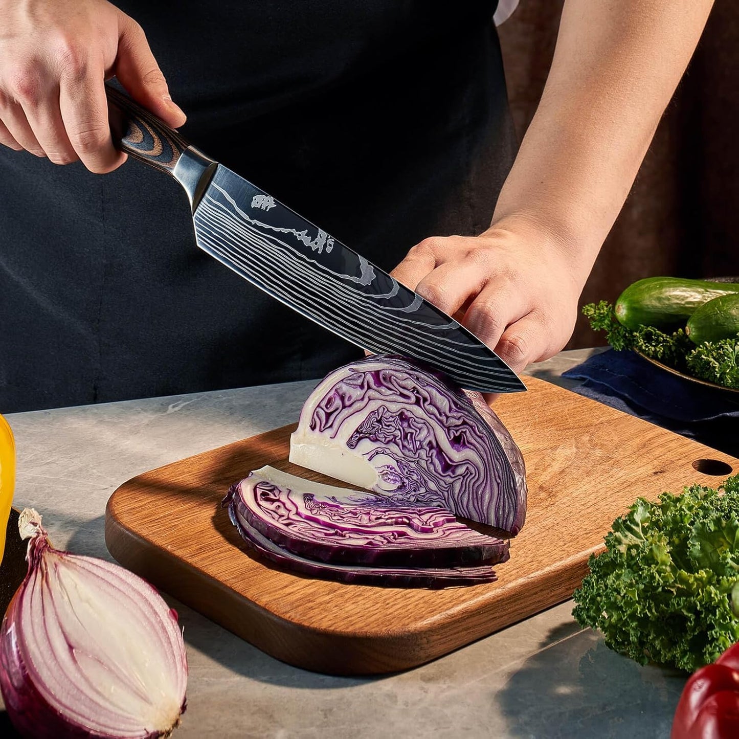 SENKEN 16-Piece Natural Acacia Wood Kitchen Knife Block Set - Japanese Chef's Knife Set with Laser Damascus Pattern, Includes Steak Knives, Kitchen Shears, Santoku, Cleaver & More (Wooden Handles)