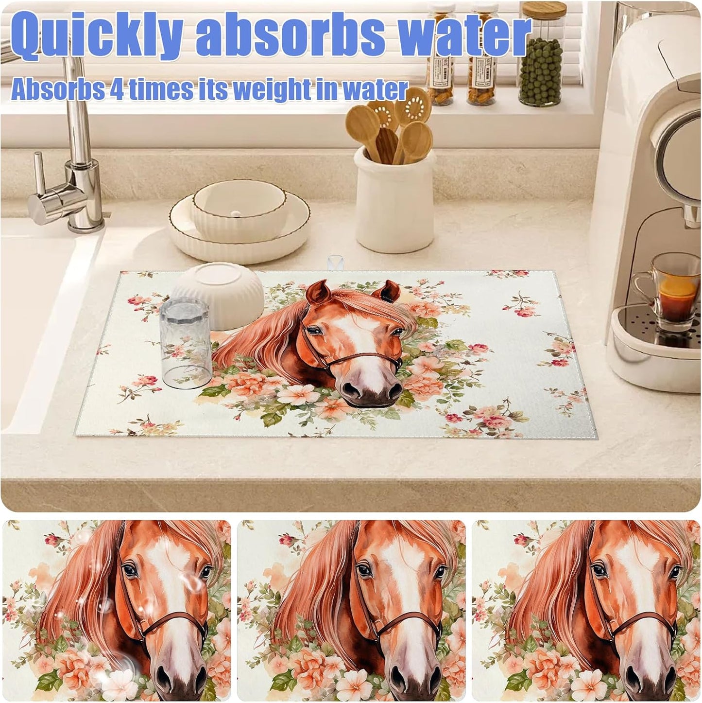 Horse Flower Dish Drying Mat for Kitchen Counter Drying Pad Absorbent Reversible Dish Drainer Rack Mats Draining Pad 18"x24"Inch