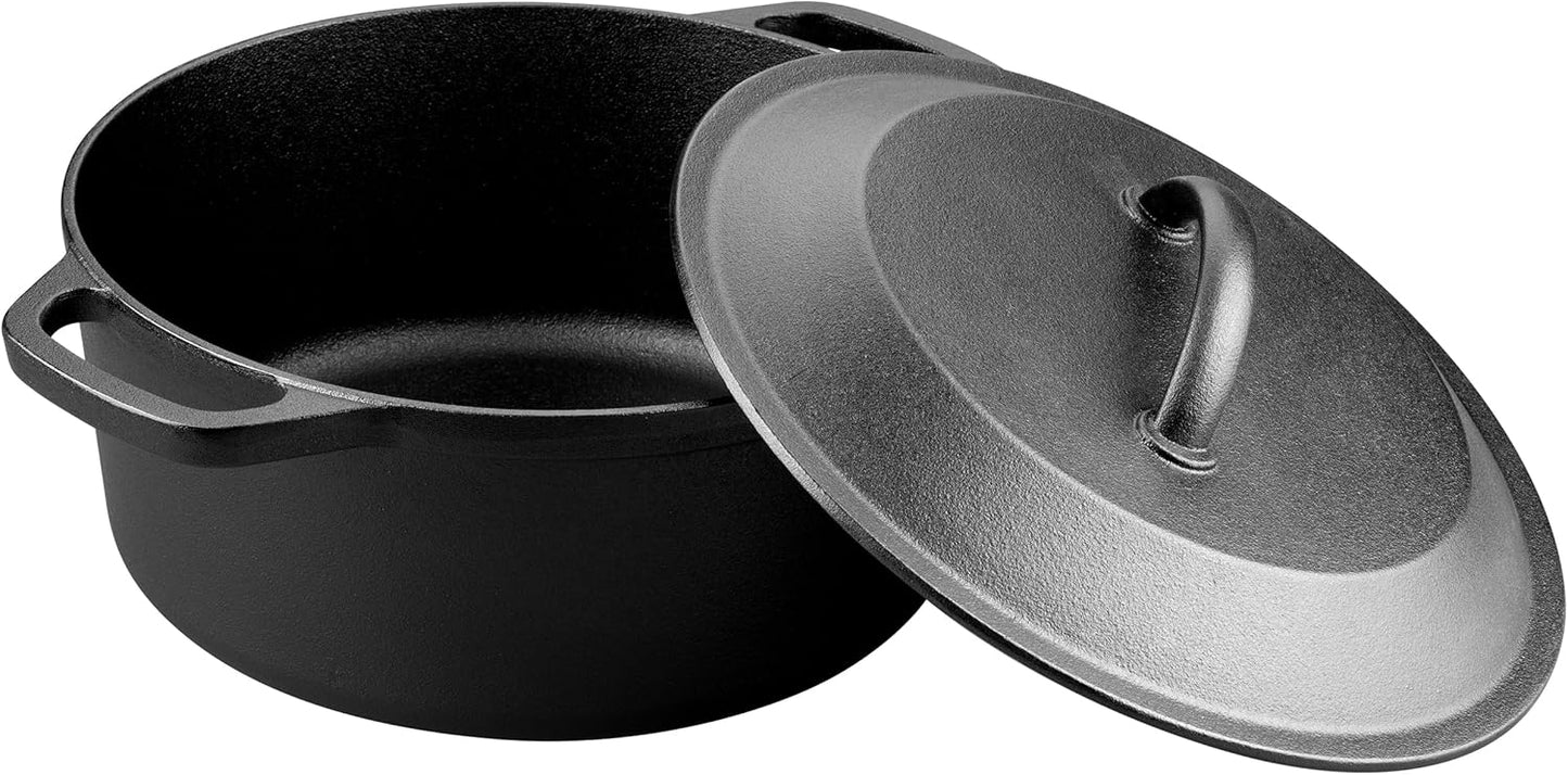 Pre-Seasoned Cast Iron Dutch Oven with Lid, Round and Dual Handles, for Stovetop, Camping, Grill, Induction, Electric, Black, 3 qt