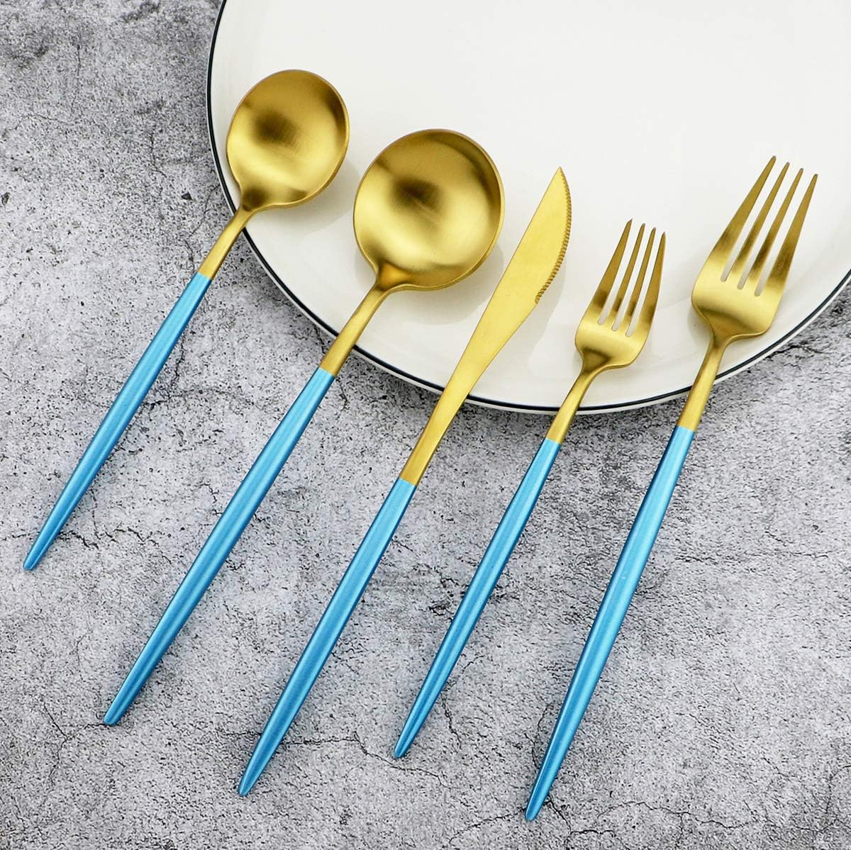 Gugrida 20-Piece 18/10 Stainless Steel Flatware Silverware, Luxury Dinnerware Set Travel Cutlery Tableware Include Knife Fork Spoon Service for 4, Dishwasher Safe (Blue Handle Matte Gold)