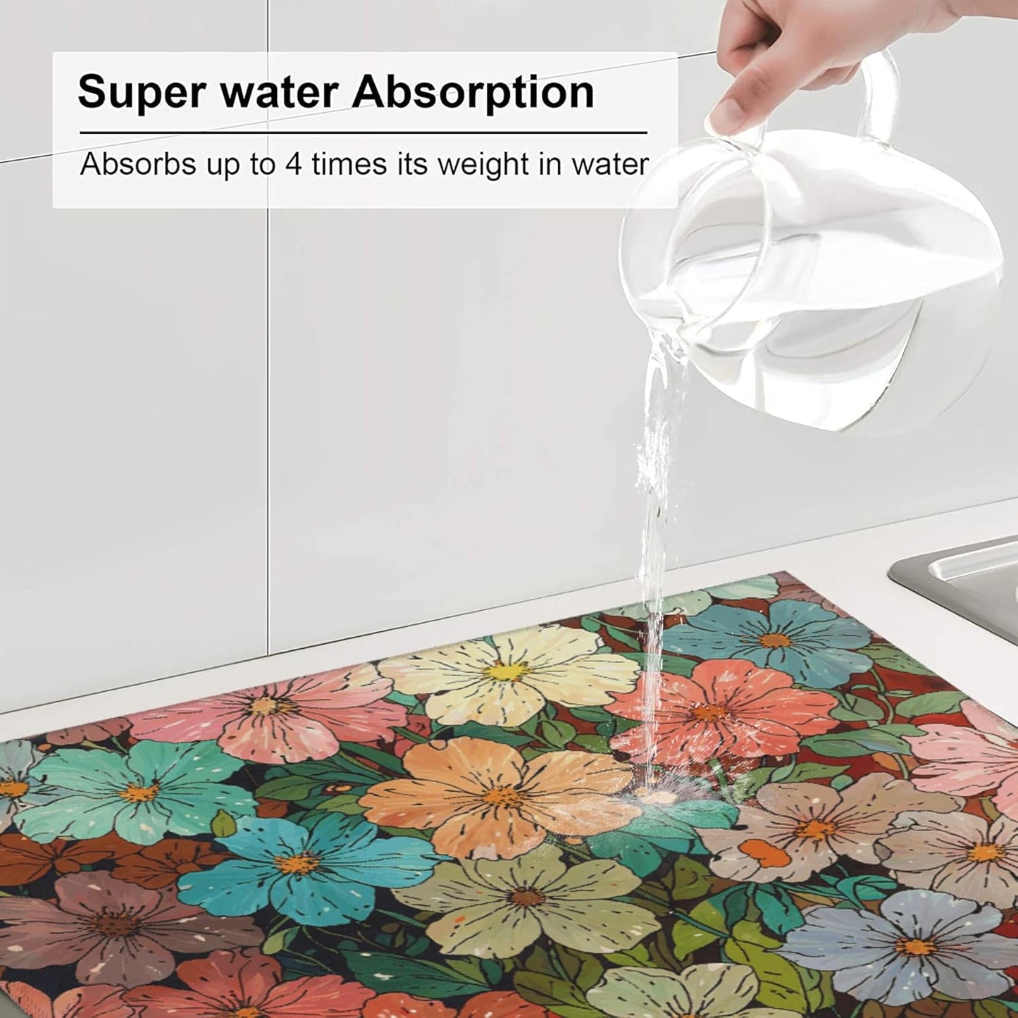 Colorful Wildflowers Dish Drying Mat for Kitchen Counter, 16"x18" Microfiber Absorbent Fast Dry Mat, 2Pcs Dish Mat Faucet Mats Sets, Large Drying Kitchen Mat Kitchen Drying Pad Coffee Bar Decor Gifts