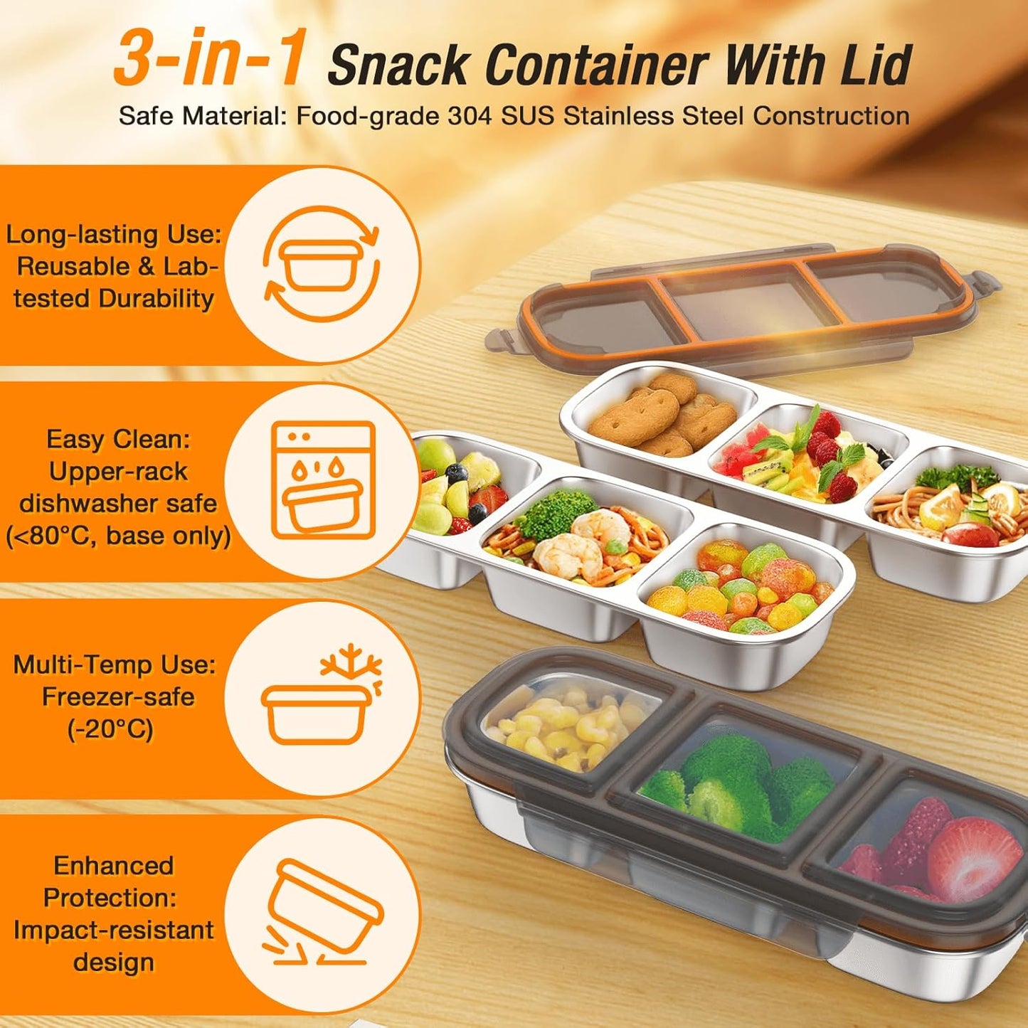 Stainless Steel Snackle Box Container - 3 Compartment Reusable Snack Containers with Lids for Kids, Leak-Resistant Divided Snack Food Storage Containers for School, Office, Travel (Gray)