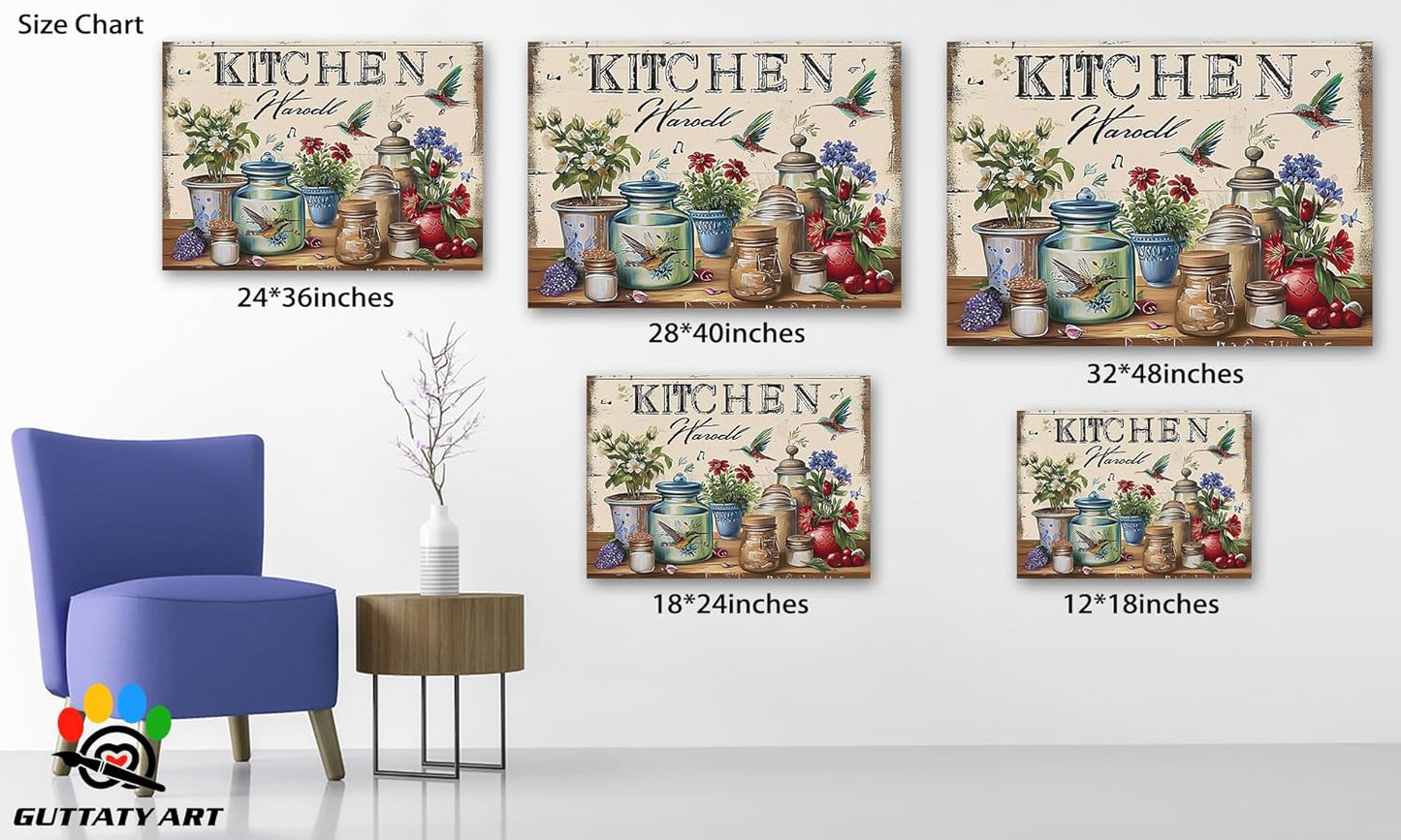 GUTTATY Farmhouse Wall Art Rustic Kitchen Decor, Ready to Hang Kitchen Canvas Print Colorful Flowers And Bird,Vintage Posters Prints for Dinning Room Home Kitchen Restaurant Painting 12×18 Inch