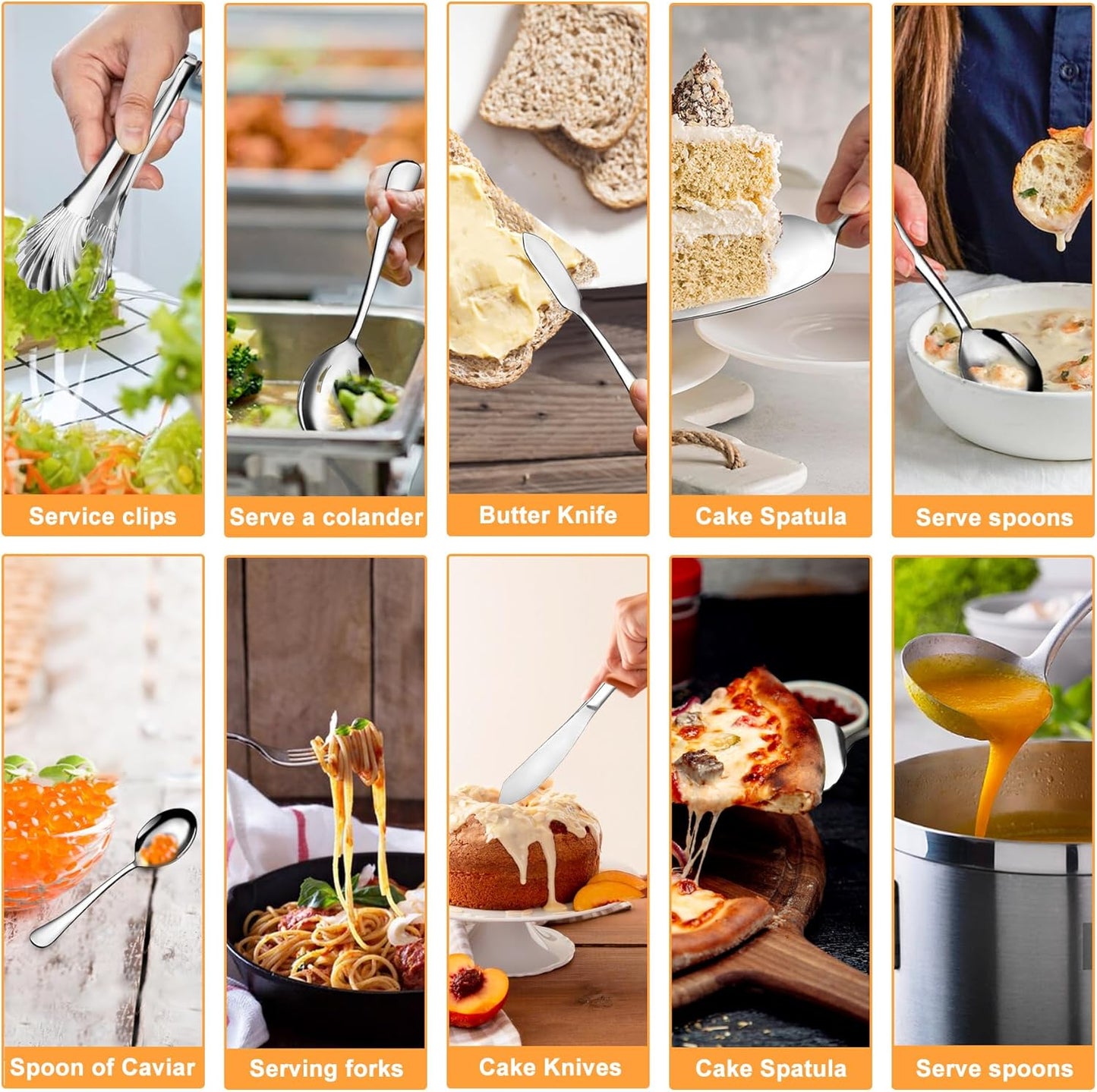 Stainless Steel Serving Utensils Set, 10-Piece Hostess Collection, Includes Spoons, Forks, Tongs, Ladle and Pie Server