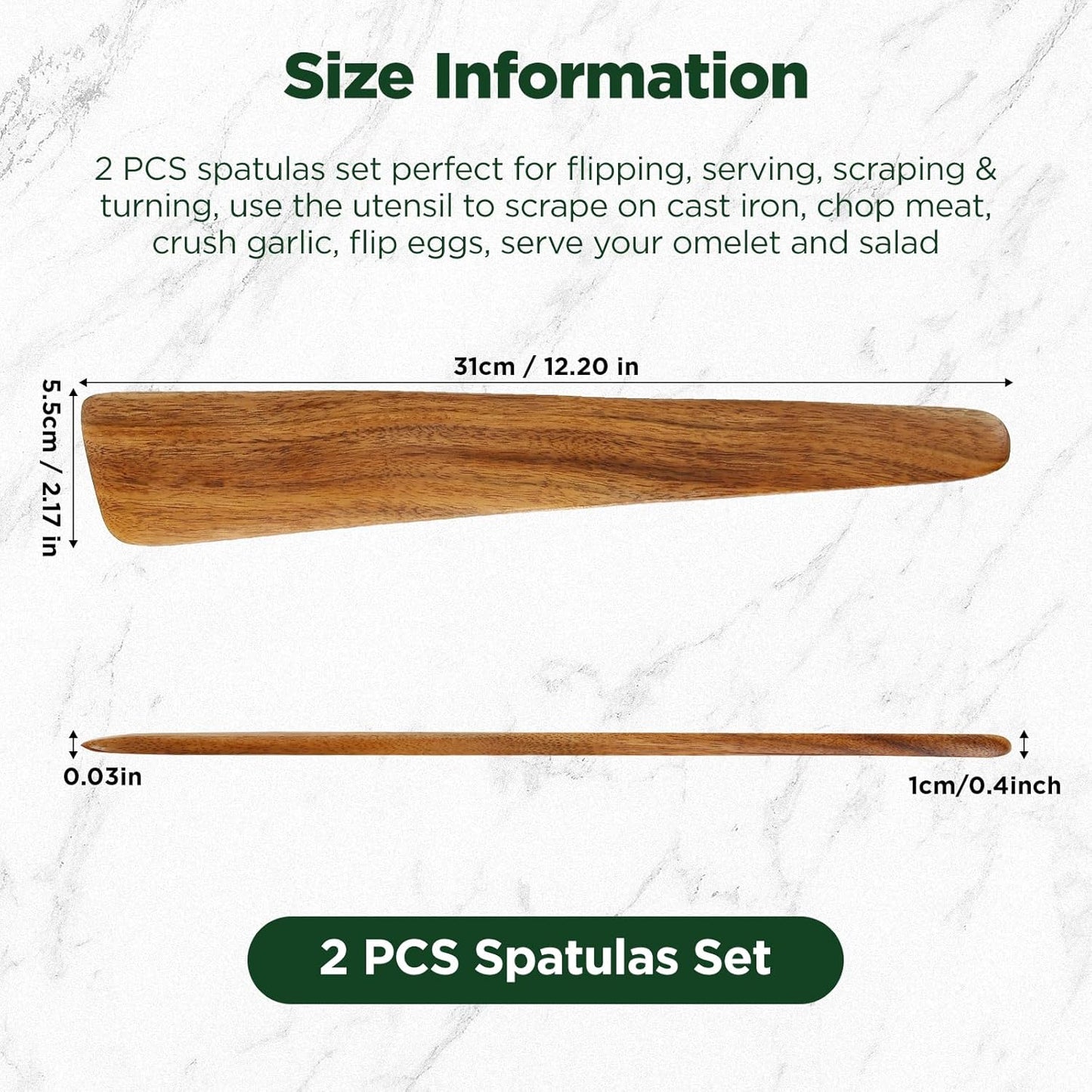 ANBUY 12 Inch Teak Wood Spatula for Cooking, Wooden Kitchen Utensil, Scraper Turner for Cast Iron, Egg Fish Flipper Flat Spatulas for Flipping, Serving, Scraping & Turning(2 pcs Scraper)