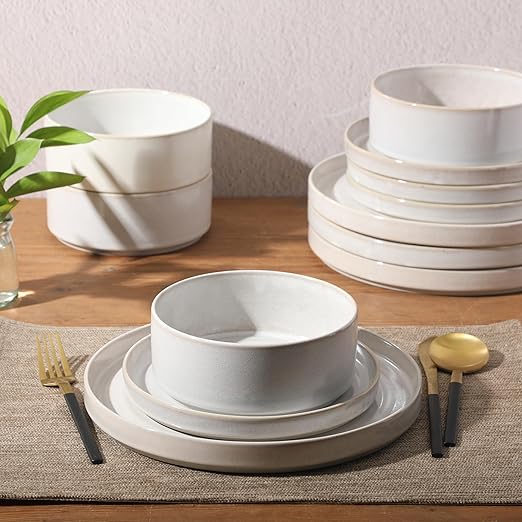 Gibson Elite Echo Bay 12 Piece Porcelain Reactive Glaze (Service for 4) Ceramic Plates and Bowls Modern Stackable Dinnerware Set - White
