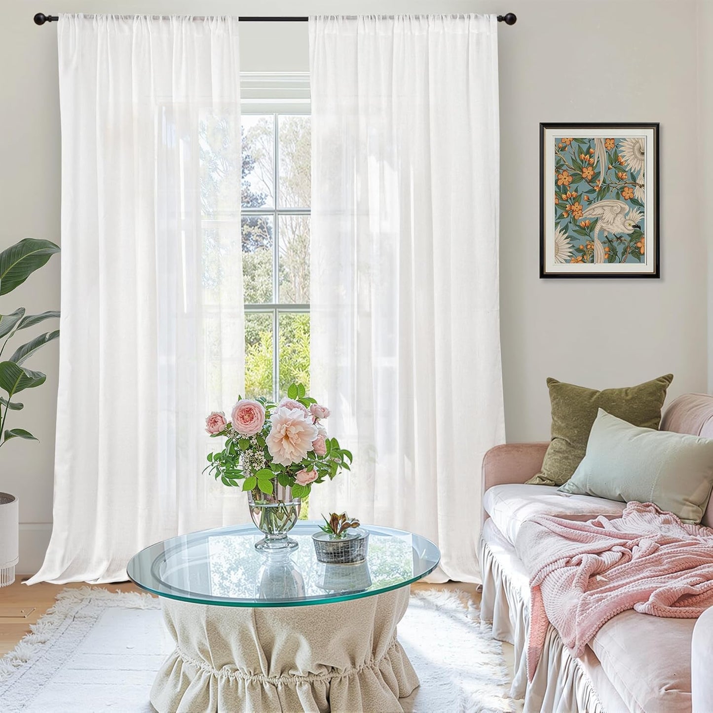 BGment White Linen Semi Sheer Curtains 84 Inch Length for Living Room - Rod Pocket Light Filtering Drapes for Bedroom Dining Long Window Treatments Lightweight, 2 Panels Set, 52 X 84 Inch