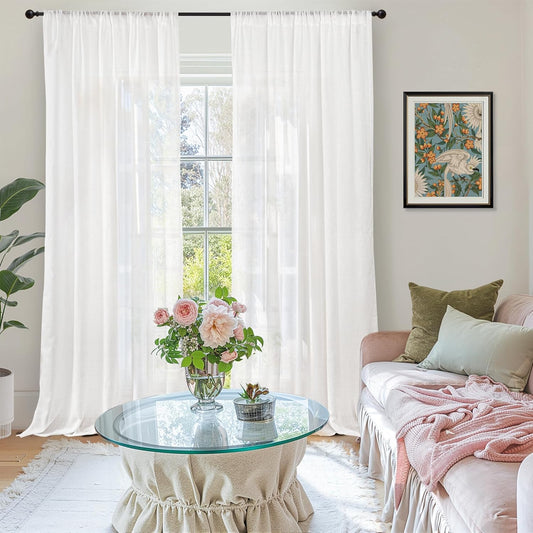 BGment White Linen Semi Sheer Curtains 84 Inch Length for Living Room - Rod Pocket Light Filtering Drapes for Bedroom Dining Long Window Treatments Lightweight, 2 Panels Set, 52 X 84 Inch