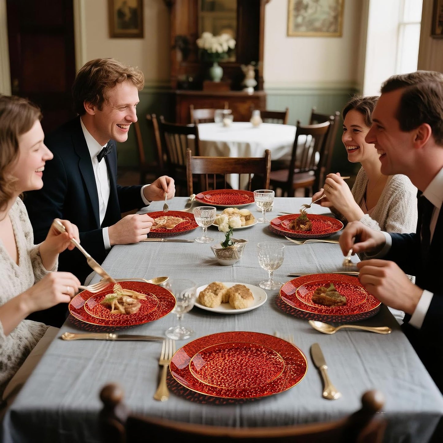 DaYammi 175 Pcs Plastic Dinnerware Set (25 Guests), Clear Red and Gold Plastic Plates, Hammered Party Plates Include Dinner Platos, Dessert Platos, Cups, Gold Cutlery Set And Napkins for Party