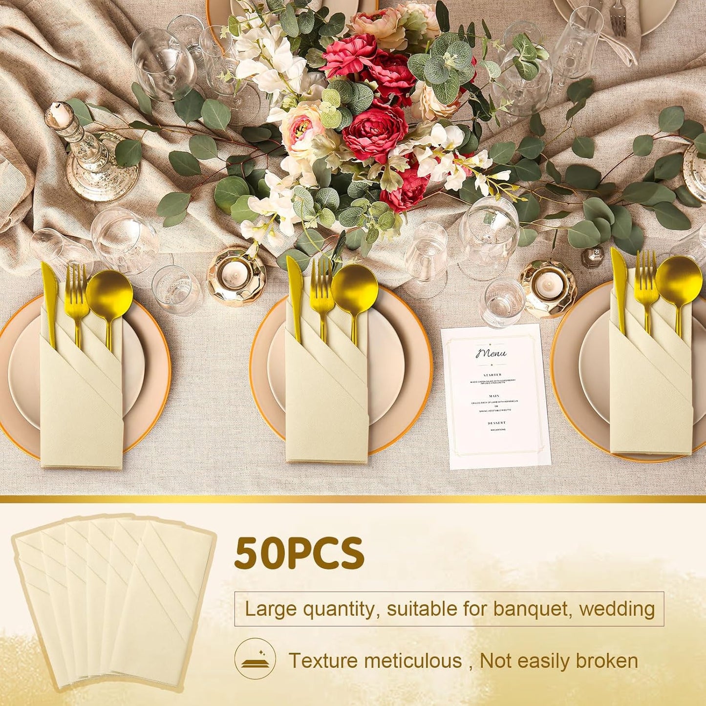 Qilery 50 Pcs Paper Linen Napkins Disposable Airlaid Paper Prefolded Dinner Napkins with Built in Flatware Pocket for Silverware Valentine Wedding Party Christmas Day (Champagne)