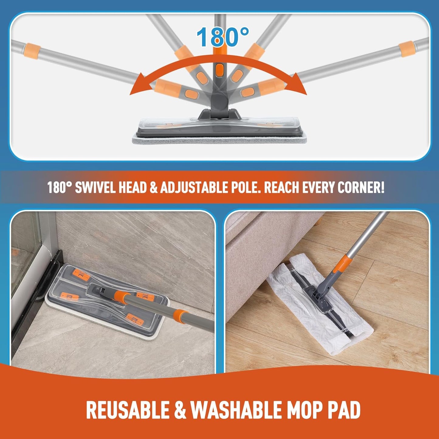 Lightweight Flat Mop with 10 Disposable & 1 Washable Pads, Scrubber for Wet/Dry Hardwood Floor Cleaning, Tile Grout Cleaner, Microfiber for Laminate, Pet Hair Dust