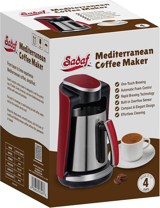 Sadaf One-Touch Mediterranean Coffee Maker – Electric Turkish, Greek, and Armenian Coffee Machine - Stainless Steel Coffee Maker - Foam Control & Overflow Sensor - 250ml, Red