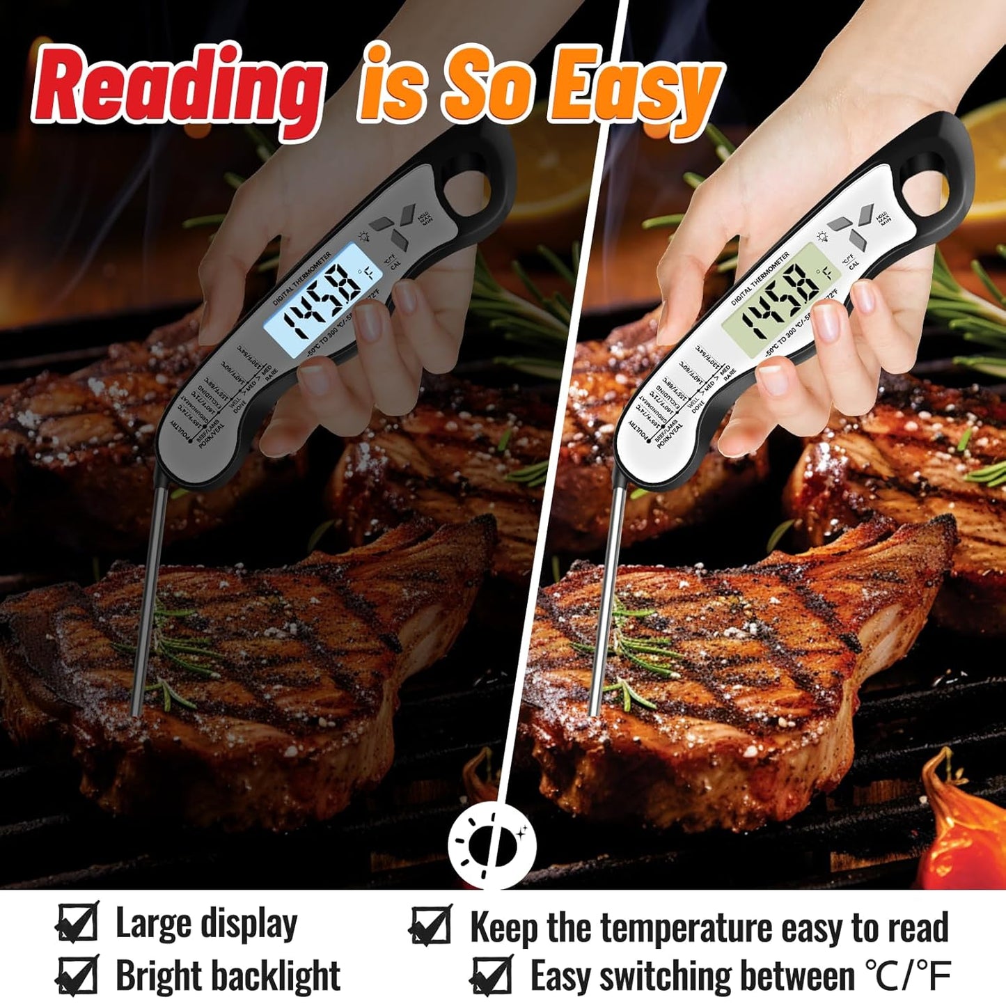 Meat Thermometer, IP67 Waterproof Digital Meat Thermometer with Backlight, Hold Function & Magnet for Grill, BBQ, Candy, Beef,Turkey，Gadgets Essentials BBQ Accessories,Mens Stocking Stuffers