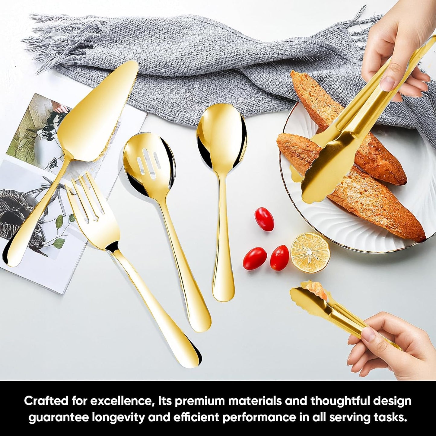 14PCS Serving Utensils - Hostess Serving Utensils Set, Premium Stainless Steel 8.7 inch Serving Utensils, Slotted Spoons, Fork, Tongs, Cake Pie Server for Buffet, Wedding, Dinner (Gold)