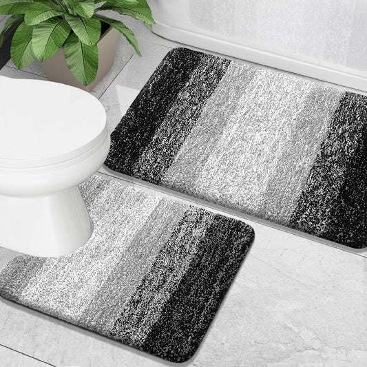 OLANLY Bathroom Rug Set 2 Piece, Soft Absorbent Microfiber Bath Mats and U-Shaped Contour Toilet Rug, Non-Slip, Machine Wash Dry, Plush Shaggy Bath Mats for Bathroom (30"x20"+24"x20", Black)