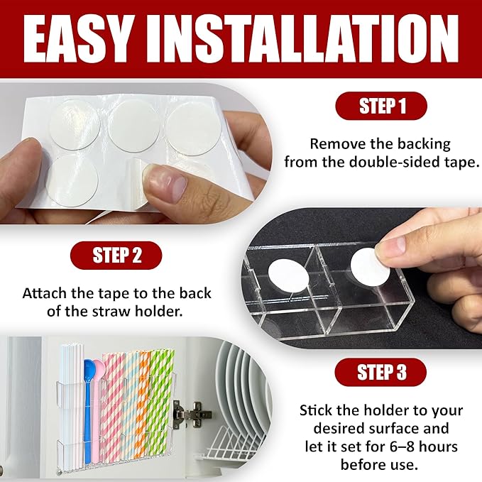 Acrylic Straw Holder for Cabinet Door or Countertop - Clear Organizer & Dispenser for Reusable Tumbler Straws, Space-Saving Kitchen Accessories, Cupboard or Pantry Storage, Strong Adhesive