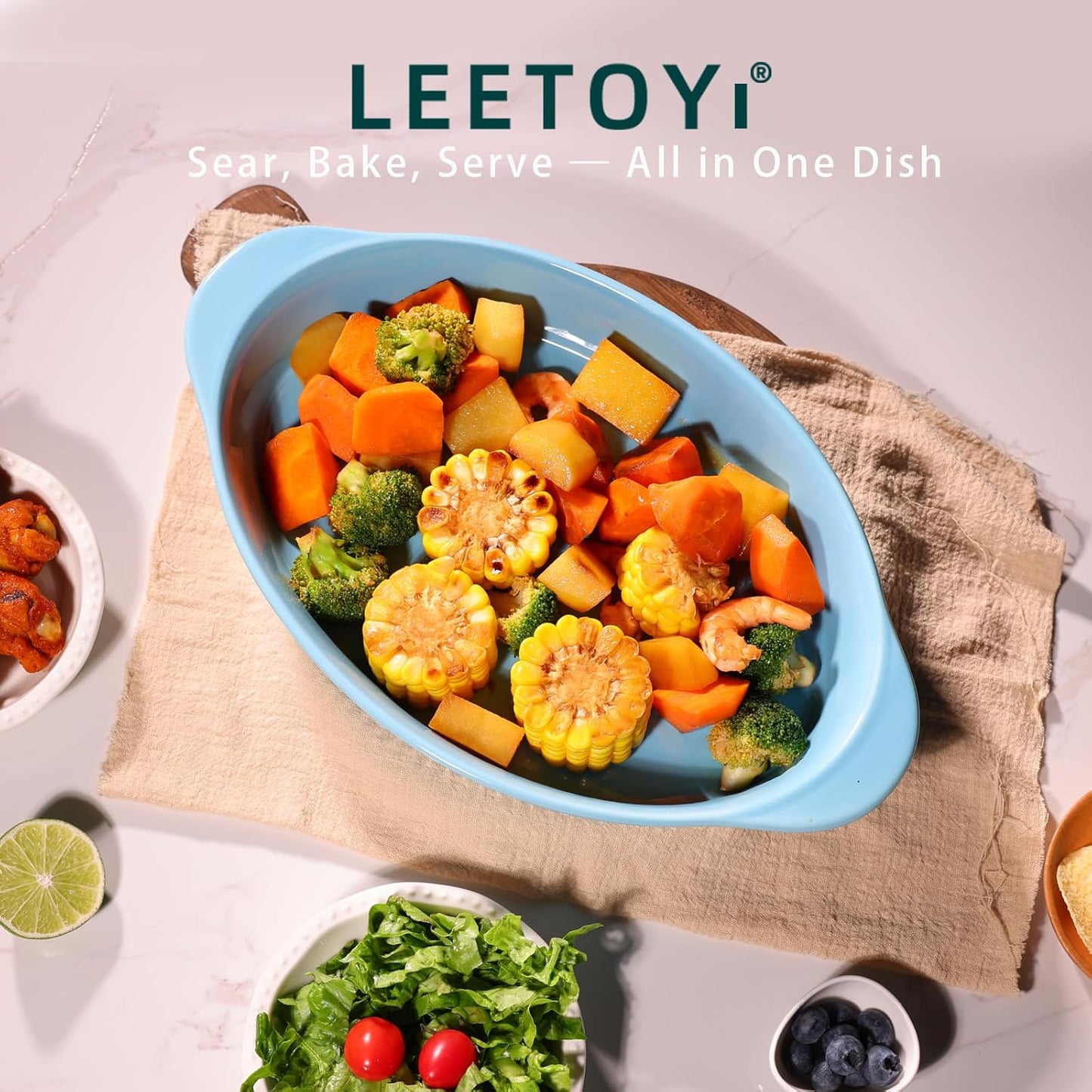 LEETOYI Porcelain 9x13 Large Oval Au Gratin Pans,Baking Dish for Servings, Bakeware with Double Handle for Kitchen and Home, Turquoise